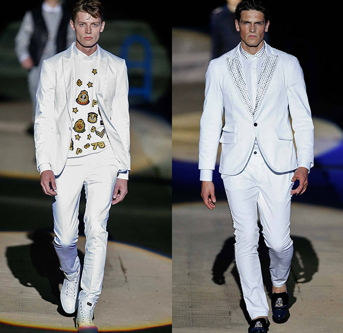 Philipp Plein 2015 Spring Summer Mens Runway Looks - Milano Moda Uomo Collezione Milan Fashion Week Italy Camera Nazionale della Moda Italiana - Denim Jeans Ripped Destroyed Frayed Destructed Outerwear Blazer Coat White Nautical Marine Military Sailor Rhinestones Metallic Studs Sequins Anchor Emblems Patches Leather Shorts Alligator Crocodile Reptile Skin Stripes Knit Sweater Jumper Bomber Jacket Motorcycle Biker Anchor Shark Vest Jogging Sweatpants Robe