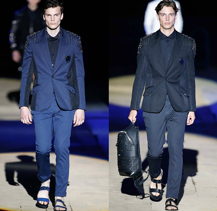 Philipp Plein 2015 Spring Summer Mens Runway Looks - Milano Moda Uomo Collezione Milan Fashion Week Italy Camera Nazionale della Moda Italiana - Denim Jeans Ripped Destroyed Frayed Destructed Outerwear Blazer Coat White Nautical Marine Military Sailor Rhinestones Metallic Studs Sequins Anchor Emblems Patches Leather Shorts Alligator Crocodile Reptile Skin Stripes Knit Sweater Jumper Bomber Jacket Motorcycle Biker Anchor Shark Vest Jogging Sweatpants Robe