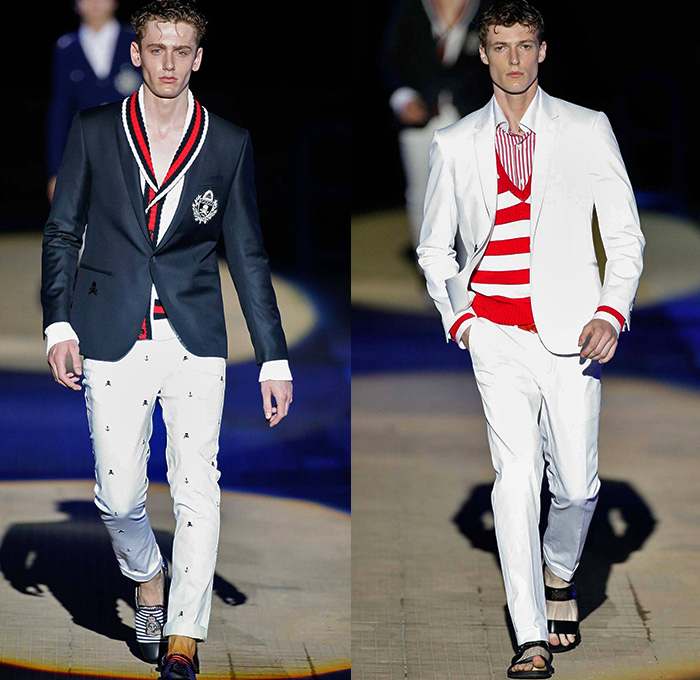 Philipp Plein 2015 Spring Summer Mens Runway Looks - Milano Moda Uomo Collezione Milan Fashion Week Italy Camera Nazionale della Moda Italiana - Denim Jeans Ripped Destroyed Frayed Destructed Outerwear Blazer Coat White Nautical Marine Military Sailor Rhinestones Metallic Studs Sequins Anchor Emblems Patches Leather Shorts Alligator Crocodile Reptile Skin Stripes Knit Sweater Jumper Bomber Jacket Motorcycle Biker Anchor Shark Vest Jogging Sweatpants Robe