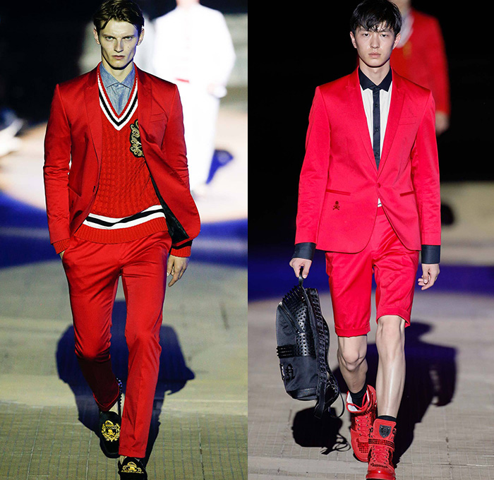 Philipp Plein 2015 Spring Summer Mens Runway Looks - Milano Moda Uomo Collezione Milan Fashion Week Italy Camera Nazionale della Moda Italiana - Denim Jeans Ripped Destroyed Frayed Destructed Outerwear Blazer Coat White Nautical Marine Military Sailor Rhinestones Metallic Studs Sequins Anchor Emblems Patches Leather Shorts Alligator Crocodile Reptile Skin Stripes Knit Sweater Jumper Bomber Jacket Motorcycle Biker Anchor Shark Vest Jogging Sweatpants Robe