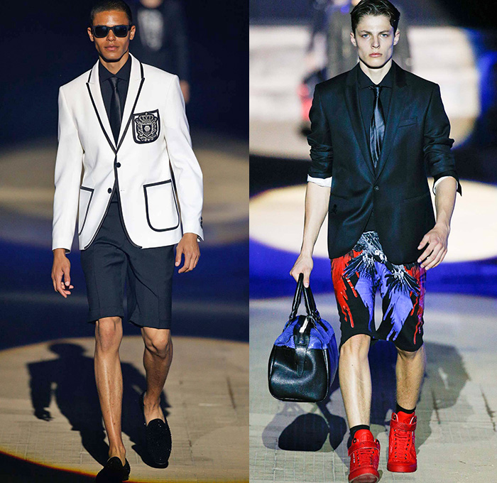 Philipp Plein 2015 Spring Summer Mens Runway Looks - Milano Moda Uomo Collezione Milan Fashion Week Italy Camera Nazionale della Moda Italiana - Denim Jeans Ripped Destroyed Frayed Destructed Outerwear Blazer Coat White Nautical Marine Military Sailor Rhinestones Metallic Studs Sequins Anchor Emblems Patches Leather Shorts Alligator Crocodile Reptile Skin Stripes Knit Sweater Jumper Bomber Jacket Motorcycle Biker Anchor Shark Vest Jogging Sweatpants Robe