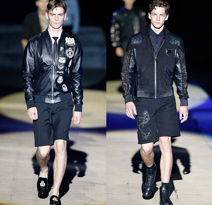 Philipp Plein 2015 Spring Summer Mens Runway Looks - Milano Moda Uomo Collezione Milan Fashion Week Italy Camera Nazionale della Moda Italiana - Denim Jeans Ripped Destroyed Frayed Destructed Outerwear Blazer Coat White Nautical Marine Military Sailor Rhinestones Metallic Studs Sequins Anchor Emblems Patches Leather Shorts Alligator Crocodile Reptile Skin Stripes Knit Sweater Jumper Bomber Jacket Motorcycle Biker Anchor Shark Vest Jogging Sweatpants Robe