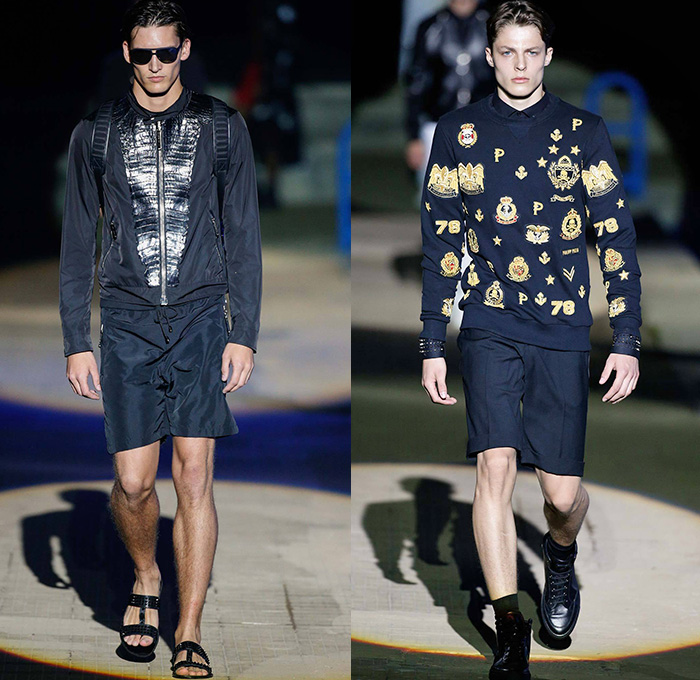 Philipp Plein 2015 Spring Summer Mens Runway Looks - Milano Moda Uomo Collezione Milan Fashion Week Italy Camera Nazionale della Moda Italiana - Denim Jeans Ripped Destroyed Frayed Destructed Outerwear Blazer Coat White Nautical Marine Military Sailor Rhinestones Metallic Studs Sequins Anchor Emblems Patches Leather Shorts Alligator Crocodile Reptile Skin Stripes Knit Sweater Jumper Bomber Jacket Motorcycle Biker Anchor Shark Vest Jogging Sweatpants Robe