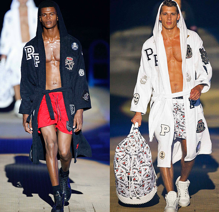 Philipp Plein 2015 Spring Summer Mens Runway Looks - Milano Moda Uomo Collezione Milan Fashion Week Italy Camera Nazionale della Moda Italiana - Denim Jeans Ripped Destroyed Frayed Destructed Outerwear Blazer Coat White Nautical Marine Military Sailor Rhinestones Metallic Studs Sequins Anchor Emblems Patches Leather Shorts Alligator Crocodile Reptile Skin Stripes Knit Sweater Jumper Bomber Jacket Motorcycle Biker Anchor Shark Vest Jogging Sweatpants Robe