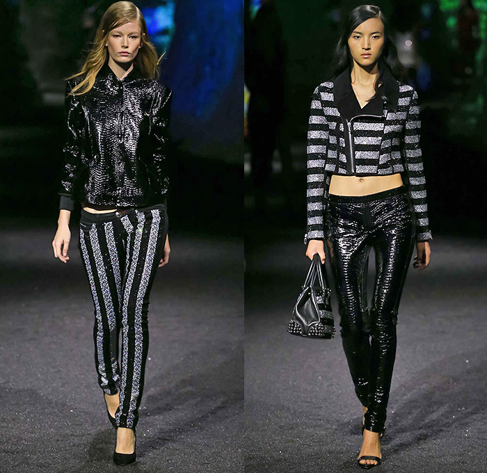 Philipp Plein 2015 Spring Summer Womens Runway Looks - Milano Moda Donna Collezione Milan Fashion Week Italy - Abyss Apocalypse Jeans 3D Embellishments Adornments Sequins Studs Rhinestones Crystals Spikes Stripes Outerwear Bomber Jacket Moto Motorcycle Biker Rider Leggings Quilted Waffle Poodle Circle Skirt Chains Zippers Vest Waistcoat Belt Strap Dress Frock Stars Parrot Toucan Shorts Knit Weave Crochet Mesh