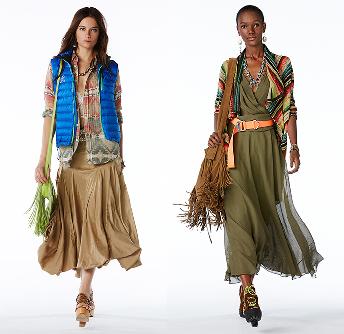Polo Ralph Lauren 2015 Spring Summer Womens Lookbook Presentation - New York Fashion Week - Denim Jeans Destroyed Destructed Ripped Holes Cargo Pockets Shorts Stripes Lace Outerwear Polo Shirt Badminton Blazer Sportcoat Sweater Jumper Maxi Dress Checks Chunky Knit Embroidery Flowers Florals Scarf Wedge Fringes Swimwear Down Vest Puffy Bomber Jacket Tribal Cardigan Poplin Shirt Plaid Coat Shirtdress Blousedress Parka