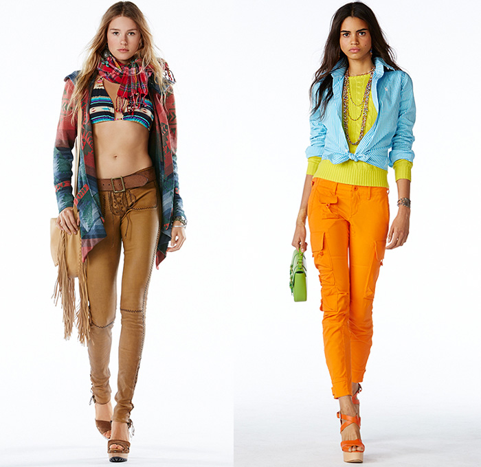 Polo Ralph Lauren 2015 Spring Summer Womens Lookbook Presentation - New York Fashion Week - Denim Jeans Destroyed Destructed Ripped Holes Cargo Pockets Shorts Stripes Lace Outerwear Polo Shirt Badminton Blazer Sportcoat Sweater Jumper Maxi Dress Checks Chunky Knit Embroidery Flowers Florals Scarf Wedge Fringes Swimwear Down Vest Puffy Bomber Jacket Tribal Cardigan Poplin Shirt Plaid Coat Shirtdress Blousedress Parka