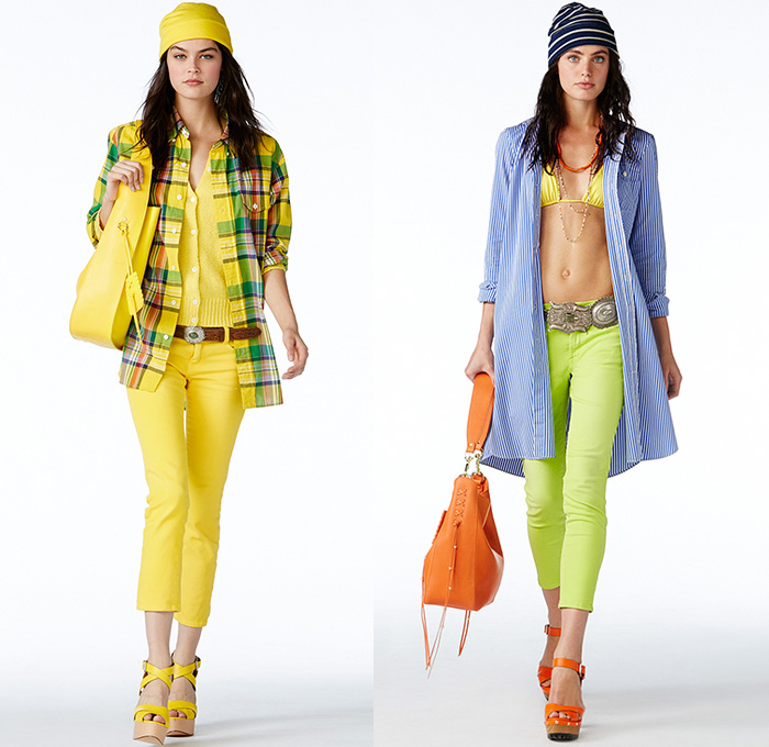 Polo Ralph Lauren 2015 Spring Summer Womens Lookbook Presentation - New York Fashion Week - Denim Jeans Destroyed Destructed Ripped Holes Cargo Pockets Shorts Stripes Lace Outerwear Polo Shirt Badminton Blazer Sportcoat Sweater Jumper Maxi Dress Checks Chunky Knit Embroidery Flowers Florals Scarf Wedge Fringes Swimwear Down Vest Puffy Bomber Jacket Tribal Cardigan Poplin Shirt Plaid Coat Shirtdress Blousedress Parka