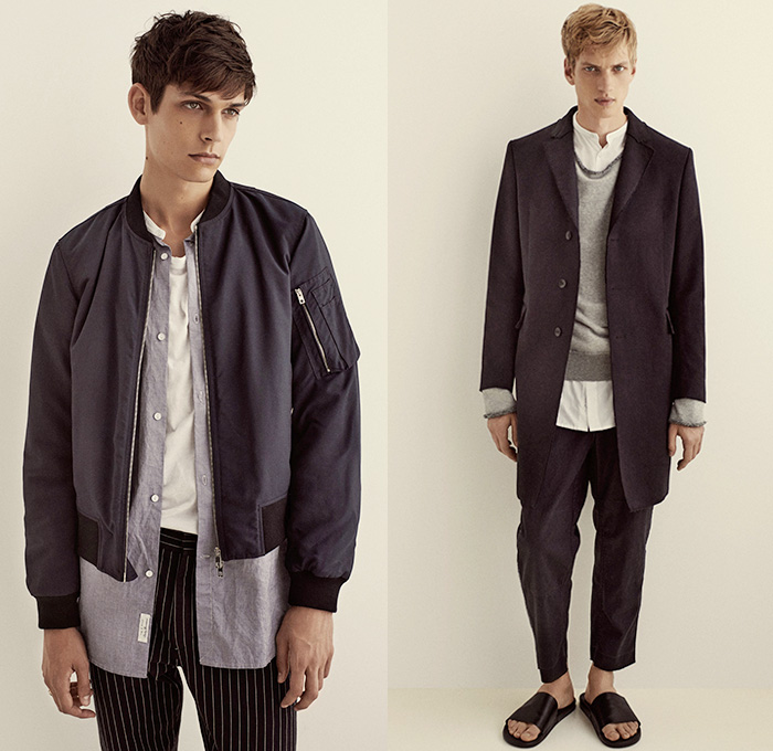 rag & bone New York 2015 Spring Summer Mens Womens Lookbook Presentation - Basics Casuals Minimalist Engineer Railroad Stripes Short Sleeve Shirt  Sweatshirt Shorts Tapered Outerwear Coat Blazer Scarf Plaid Bomber Jacket Sweater Jumper Pants Trousers Waffle Quilted Hoodie Anorak Parka Utility Pocket