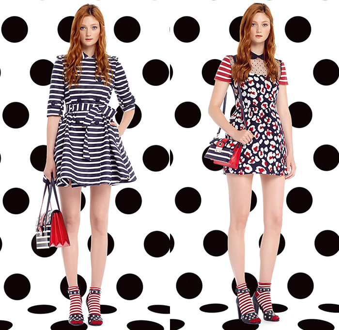 Red Valentino 2015 Spring Summer Womens Lookbook Presentation - New York Fashion Week - Nautical Sailor Marinière Peacoat Multi-Panel Coatdress Stripes Flower Buds Flowers Florals Sandals Trench Coat Dress Sheer Chiffon Polka Dots Circles Miniskirt Pleats Sweater Jumper Anchor Circle Poodle Skirt Mesh Peek-A-Boo Bib Grommets Lace Up Leotard Unitard Stars Moto Motorcycle Biker Rider Shorts Peplum Ruffles Ribbon Bow Tie