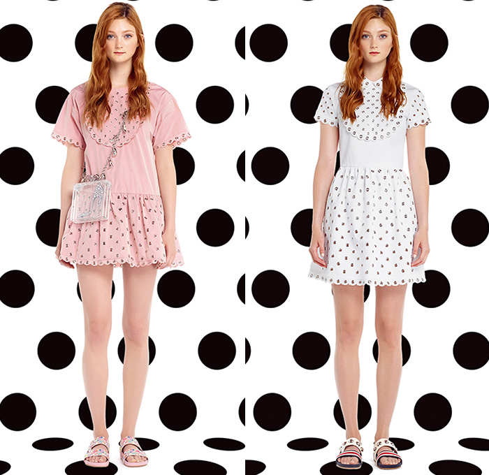 Red Valentino 2015 Spring Summer Womens Lookbook Presentation - New York Fashion Week - Nautical Sailor Marinière Peacoat Multi-Panel Coatdress Stripes Flower Buds Flowers Florals Sandals Trench Coat Dress Sheer Chiffon Polka Dots Circles Miniskirt Pleats Sweater Jumper Anchor Circle Poodle Skirt Mesh Peek-A-Boo Bib Grommets Lace Up Leotard Unitard Stars Moto Motorcycle Biker Rider Shorts Peplum Ruffles Ribbon Bow Tie