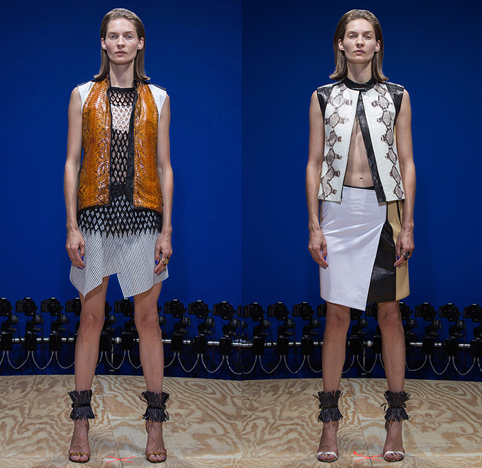 Reed Krakoff 2015 Spring Summer Womens Lookbook Presentation - New York Fashion Week - Vest Waistcoat Angular Handkerchief Hem Frock Miniskirt Snake Reptile Python Honeycomb Mesh Peek-A-Boo Net Outerwear Jacket Sporty Trackdress Tankdress Bombershirt Sheer Chiffon Checkerboard Racing Checks Fringes Dress Spaghetti Noodle Strap Pencil Midi Skirt