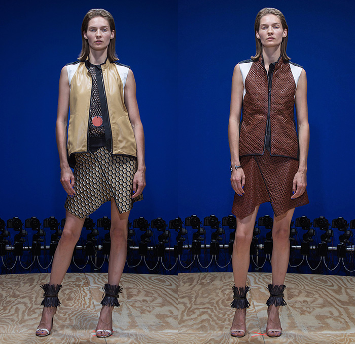 Reed Krakoff 2015 Spring Summer Womens Lookbook Presentation - New York Fashion Week - Vest Waistcoat Angular Handkerchief Hem Frock Miniskirt Snake Reptile Python Honeycomb Mesh Peek-A-Boo Net Outerwear Jacket Sporty Trackdress Tankdress Bombershirt Sheer Chiffon Checkerboard Racing Checks Fringes Dress Spaghetti Noodle Strap Pencil Midi Skirt