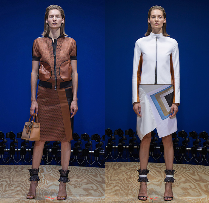 Reed Krakoff 2015 Spring Summer Womens Lookbook Presentation - New York Fashion Week - Vest Waistcoat Angular Handkerchief Hem Frock Miniskirt Snake Reptile Python Honeycomb Mesh Peek-A-Boo Net Outerwear Jacket Sporty Trackdress Tankdress Bombershirt Sheer Chiffon Checkerboard Racing Checks Fringes Dress Spaghetti Noodle Strap Pencil Midi Skirt