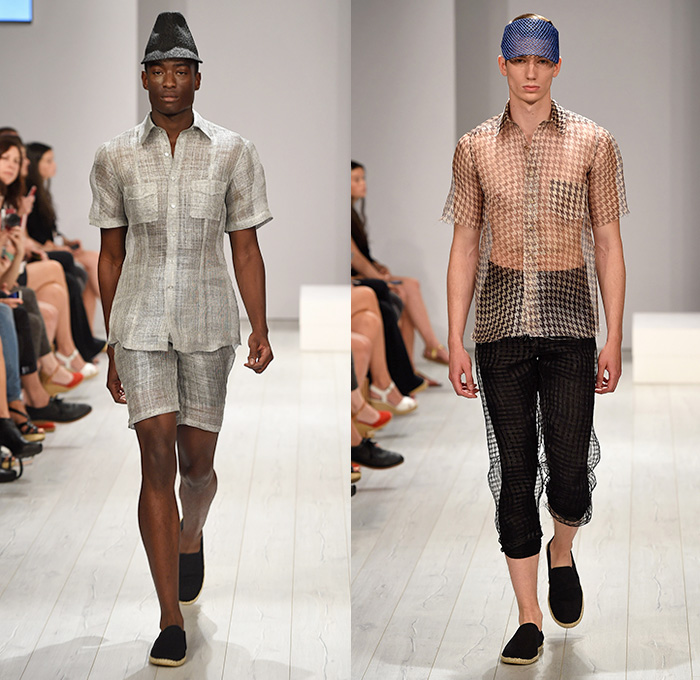 Rike Feurstein 2015 Spring Summer Mens Womens Runway Looks - Mercedes-Benz Fashion Week Berlin Germany Deutschland Frühjahr Sommer Kollektionen 2015 - Sleek Mesh Net Cap Shoulders Headwear Milliner Rubberized Crop Top Midriff Midi Skirt Wide Leg Trousers Palazzo Pants Bralette 3D Embellishments Butterflies Translucent Plastic Weave Knit Frock Animal Spots Safari Leopard Cheetah Stripes Shirtdress Shorts Shirt Sheer Chiffon Houndstooth Outerwear Coat