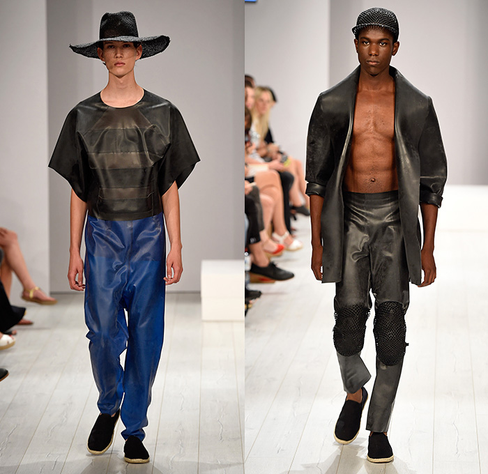 Rike Feurstein 2015 Spring Summer Mens Womens Runway Looks - Mercedes-Benz Fashion Week Berlin Germany Deutschland Frühjahr Sommer Kollektionen 2015 - Sleek Mesh Net Cap Shoulders Headwear Milliner Rubberized Crop Top Midriff Midi Skirt Wide Leg Trousers Palazzo Pants Bralette 3D Embellishments Butterflies Translucent Plastic Weave Knit Frock Animal Spots Safari Leopard Cheetah Stripes Shirtdress Shorts Shirt Sheer Chiffon Houndstooth Outerwear Coat