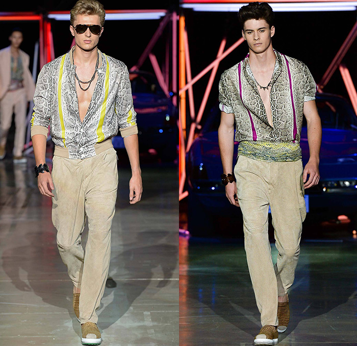 Roberto Cavalli 2015 Spring Summer Mens Runway Looks - Milano Moda Uomo Collezione Milan Fashion Week Italy Camera Nazionale della Moda Italiana - Jeans Palm Trees Birds Of Paradise Print Graphic Motif Snake Reptile Python Zebra Safari Animal Leaves Foliage Fauna Tropical Flowers Florals Jacquard Sheer Chiffon Outerwear Coat Jacket Suit Blazer Wrap Waist Shirt Short Sleeve Pants Trousers Jogging Sweatpants Mesh Tuxedo Jacket Leather