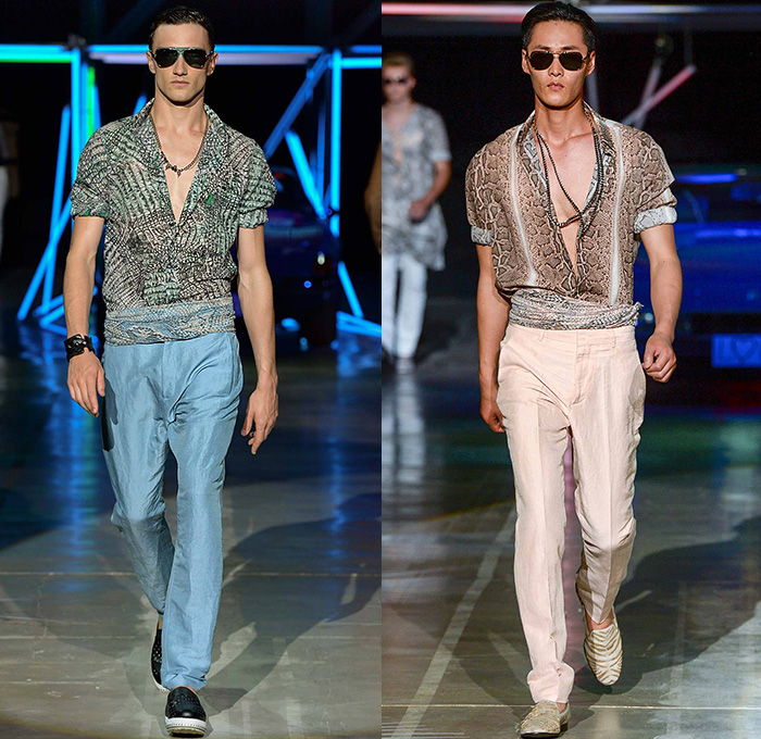 Roberto Cavalli 2015 Spring Summer Mens Runway Looks - Milano Moda Uomo Collezione Milan Fashion Week Italy Camera Nazionale della Moda Italiana - Jeans Palm Trees Birds Of Paradise Print Graphic Motif Snake Reptile Python Zebra Safari Animal Leaves Foliage Fauna Tropical Flowers Florals Jacquard Sheer Chiffon Outerwear Coat Jacket Suit Blazer Wrap Waist Shirt Short Sleeve Pants Trousers Jogging Sweatpants Mesh Tuxedo Jacket Leather