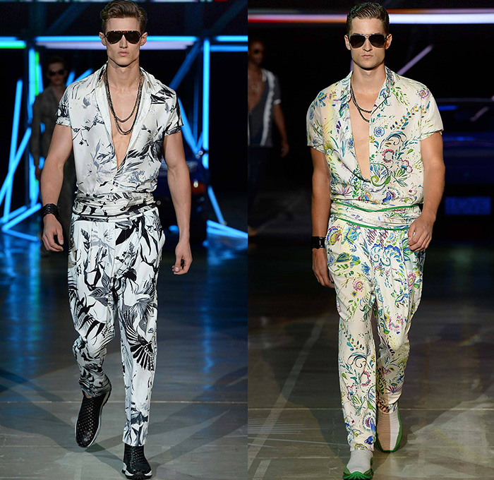 Roberto Cavalli 2015 Spring Summer Mens Runway Looks - Milano Moda Uomo Collezione Milan Fashion Week Italy Camera Nazionale della Moda Italiana - Jeans Palm Trees Birds Of Paradise Print Graphic Motif Snake Reptile Python Zebra Safari Animal Leaves Foliage Fauna Tropical Flowers Florals Jacquard Sheer Chiffon Outerwear Coat Jacket Suit Blazer Wrap Waist Shirt Short Sleeve Pants Trousers Jogging Sweatpants Mesh Tuxedo Jacket Leather