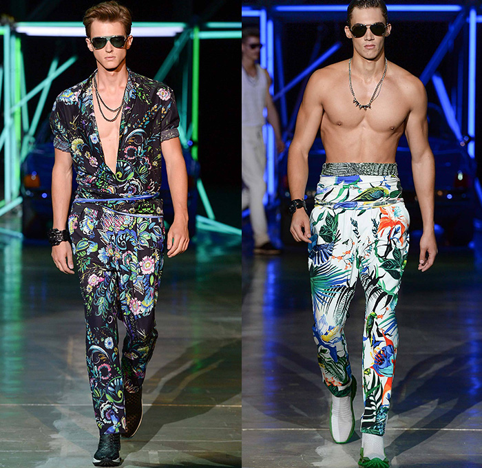 Roberto Cavalli 2015 Spring Summer Mens Runway Looks - Milano Moda Uomo Collezione Milan Fashion Week Italy Camera Nazionale della Moda Italiana - Jeans Palm Trees Birds Of Paradise Print Graphic Motif Snake Reptile Python Zebra Safari Animal Leaves Foliage Fauna Tropical Flowers Florals Jacquard Sheer Chiffon Outerwear Coat Jacket Suit Blazer Wrap Waist Shirt Short Sleeve Pants Trousers Jogging Sweatpants Mesh Tuxedo Jacket Leather