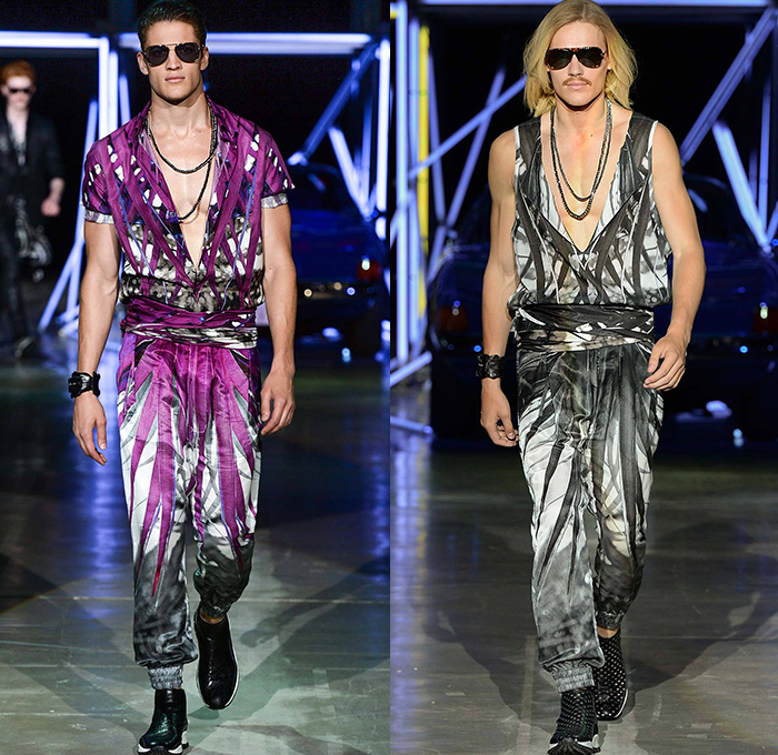 Roberto Cavalli 2015 Spring Summer Mens Runway Looks - Milano Moda Uomo Collezione Milan Fashion Week Italy Camera Nazionale della Moda Italiana - Jeans Palm Trees Birds Of Paradise Print Graphic Motif Snake Reptile Python Zebra Safari Animal Leaves Foliage Fauna Tropical Flowers Florals Jacquard Sheer Chiffon Outerwear Coat Jacket Suit Blazer Wrap Waist Shirt Short Sleeve Pants Trousers Jogging Sweatpants Mesh Tuxedo Jacket Leather