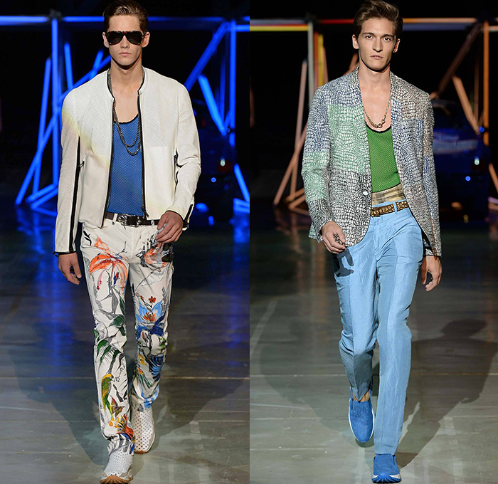 Roberto Cavalli 2015 Spring Summer Mens Runway Looks - Milano Moda Uomo Collezione Milan Fashion Week Italy Camera Nazionale della Moda Italiana - Jeans Palm Trees Birds Of Paradise Print Graphic Motif Snake Reptile Python Zebra Safari Animal Leaves Foliage Fauna Tropical Flowers Florals Jacquard Sheer Chiffon Outerwear Coat Jacket Suit Blazer Wrap Waist Shirt Short Sleeve Pants Trousers Jogging Sweatpants Mesh Tuxedo Jacket Leather