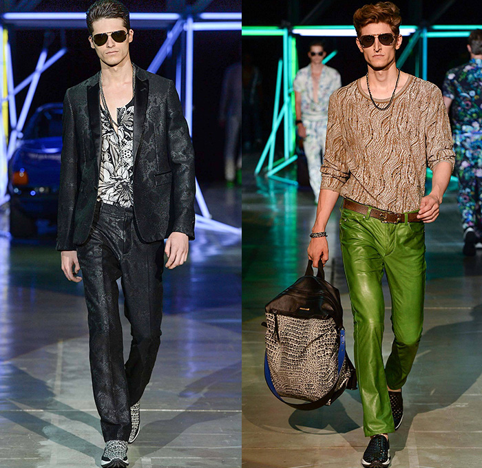 Roberto Cavalli 2015 Spring Summer Mens Runway Looks - Milano Moda Uomo Collezione Milan Fashion Week Italy Camera Nazionale della Moda Italiana - Jeans Palm Trees Birds Of Paradise Print Graphic Motif Snake Reptile Python Zebra Safari Animal Leaves Foliage Fauna Tropical Flowers Florals Jacquard Sheer Chiffon Outerwear Coat Jacket Suit Blazer Wrap Waist Shirt Short Sleeve Pants Trousers Jogging Sweatpants Mesh Tuxedo Jacket Leather