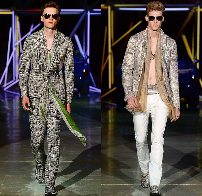 Roberto Cavalli 2015 Spring Summer Mens Runway Looks - Milano Moda Uomo Collezione Milan Fashion Week Italy Camera Nazionale della Moda Italiana - Jeans Palm Trees Birds Of Paradise Print Graphic Motif Snake Reptile Python Zebra Safari Animal Leaves Foliage Fauna Tropical Flowers Florals Jacquard Sheer Chiffon Outerwear Coat Jacket Suit Blazer Wrap Waist Shirt Short Sleeve Pants Trousers Jogging Sweatpants Mesh Tuxedo Jacket Leather