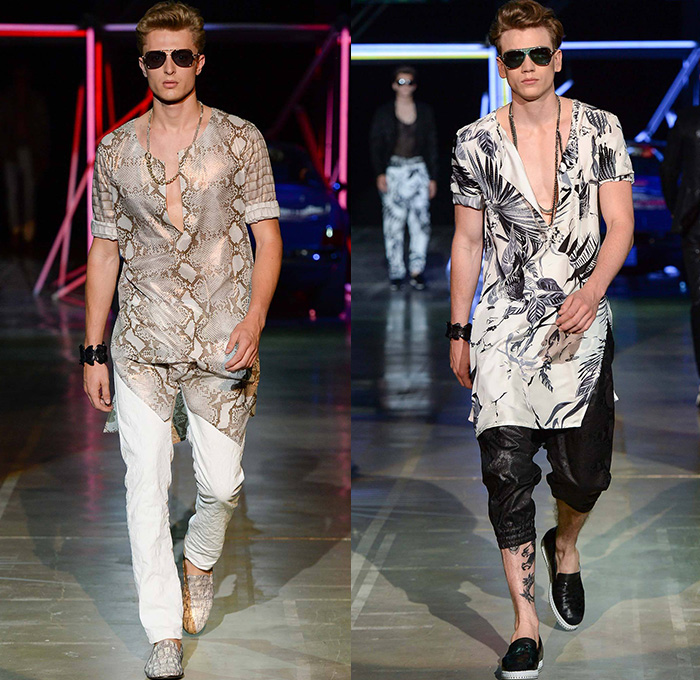 Roberto Cavalli 2015 Spring Summer Mens Runway Looks - Milano Moda Uomo Collezione Milan Fashion Week Italy Camera Nazionale della Moda Italiana - Jeans Palm Trees Birds Of Paradise Print Graphic Motif Snake Reptile Python Zebra Safari Animal Leaves Foliage Fauna Tropical Flowers Florals Jacquard Sheer Chiffon Outerwear Coat Jacket Suit Blazer Wrap Waist Shirt Short Sleeve Pants Trousers Jogging Sweatpants Mesh Tuxedo Jacket Leather