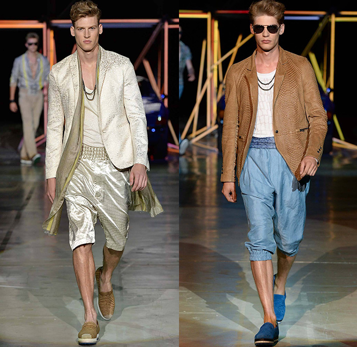 Roberto Cavalli 2015 Spring Summer Mens Runway Looks - Milano Moda Uomo Collezione Milan Fashion Week Italy Camera Nazionale della Moda Italiana - Jeans Palm Trees Birds Of Paradise Print Graphic Motif Snake Reptile Python Zebra Safari Animal Leaves Foliage Fauna Tropical Flowers Florals Jacquard Sheer Chiffon Outerwear Coat Jacket Suit Blazer Wrap Waist Shirt Short Sleeve Pants Trousers Jogging Sweatpants Mesh Tuxedo Jacket Leather