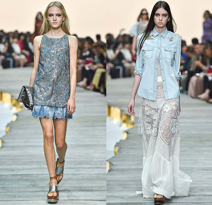 Roberto Cavalli 2015 Spring Summer Womens Runway Looks - Milano Moda Donna Collezione Milan Fashion Week Italy Camera Nazionale della Moda Italiana - Denim Jeans Psychedelic Prints Jacquard Maxi Dress Lace Gown Fringes Zebra Outerwear Jacket Blazer Sheer Chiffon Ribbon Frayed Raw Hem Skirt Frock Halter Top Embroidery Flowers Accordion Pleats White Vest Waistcoat Cargo Pockets Ornamental Decorative Art Reptile Leopard