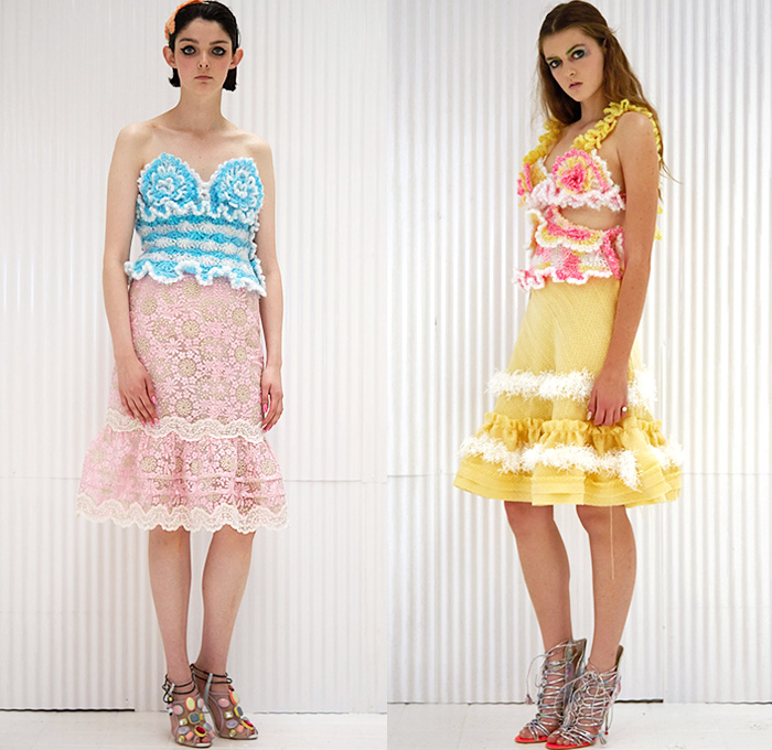 Ryan Lo 2015 Spring Summer Womens Lookbook Presentation - London Fashion Week - London Collections Women British Fashion Council UK United Kingdom - Tropical Ocean Animals Crab Octopus Waves Sun Stripes Sheer Chiffon Shirtdress Ruffles Fringes Tassels Scarf Sequins 3D Embellishments Adornments Dress Gauchos Culottes Sash Waist Ribbon Knit Crochet Lace Flowers Florals Tulle Onesie Jumpsuit Bib Brace Overalls Silk