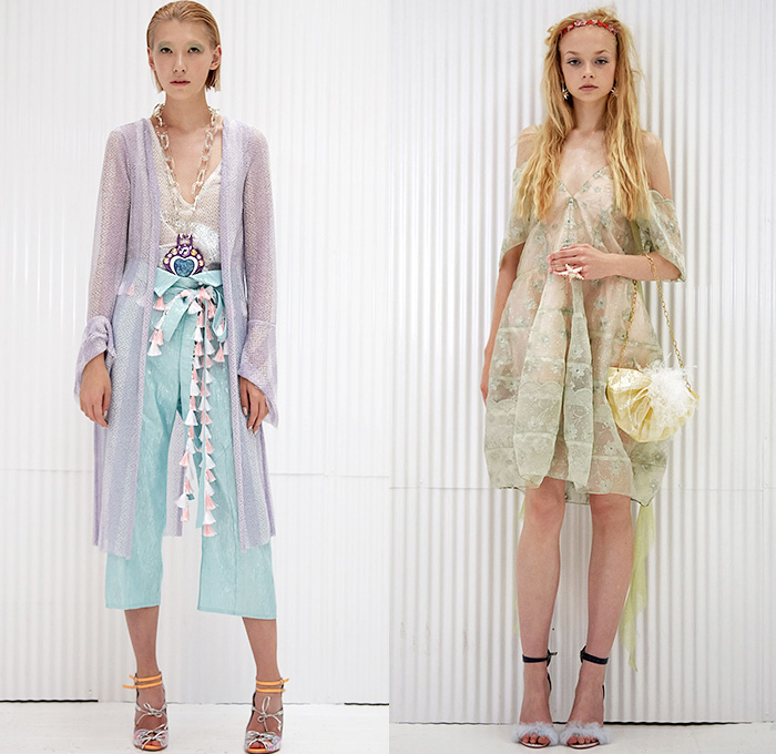 Ryan Lo 2015 Spring Summer Womens Lookbook Presentation - London Fashion Week - London Collections Women British Fashion Council UK United Kingdom - Tropical Ocean Animals Crab Octopus Waves Sun Stripes Sheer Chiffon Shirtdress Ruffles Fringes Tassels Scarf Sequins 3D Embellishments Adornments Dress Gauchos Culottes Sash Waist Ribbon Knit Crochet Lace Flowers Florals Tulle Onesie Jumpsuit Bib Brace Overalls Silk