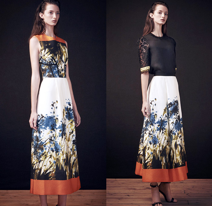 Sophia Kah 2015 Spring Summer Womens Lookbook Presentation - Designer Ana Teixeira de Sousa British London United Kingdom UK - Grass Foliage Leaves Print Lace Dress Silk Pleats Skirt Frock Sleeveless Gown 3D Embroidery Jacquard Embossed Engraved Crosshatch Sheer Chiffon Peek-A-Boo Arm Warmers