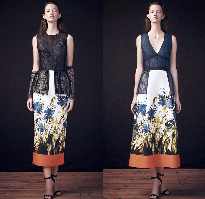 Sophia Kah 2015 Spring Summer Womens Lookbook Presentation - Designer Ana Teixeira de Sousa British London United Kingdom UK - Grass Foliage Leaves Print Lace Dress Silk Pleats Skirt Frock Sleeveless Gown 3D Embroidery Jacquard Embossed Engraved Crosshatch Sheer Chiffon Peek-A-Boo Arm Warmers