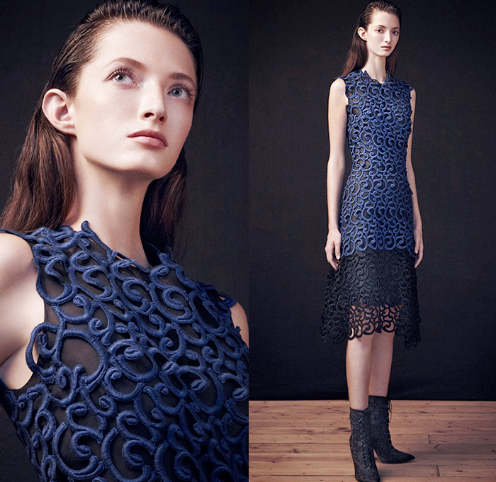 Sophia Kah 2015 Spring Summer Womens Lookbook Presentation - Designer Ana Teixeira de Sousa British London United Kingdom UK - Grass Foliage Leaves Print Lace Dress Silk Pleats Skirt Frock Sleeveless Gown 3D Embroidery Jacquard Embossed Engraved Crosshatch Sheer Chiffon Peek-A-Boo Arm Warmers