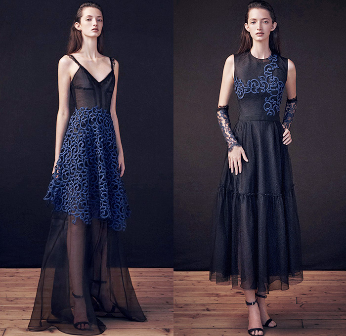 Sophia Kah 2015 Spring Summer Womens Lookbook Presentation - Designer Ana Teixeira de Sousa British London United Kingdom UK - Grass Foliage Leaves Print Lace Dress Silk Pleats Skirt Frock Sleeveless Gown 3D Embroidery Jacquard Embossed Engraved Crosshatch Sheer Chiffon Peek-A-Boo Arm Warmers