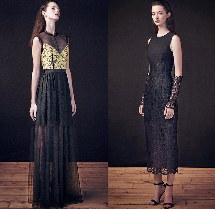 Sophia Kah 2015 Spring Summer Womens Lookbook Presentation - Designer Ana Teixeira de Sousa British London United Kingdom UK - Grass Foliage Leaves Print Lace Dress Silk Pleats Skirt Frock Sleeveless Gown 3D Embroidery Jacquard Embossed Engraved Crosshatch Sheer Chiffon Peek-A-Boo Arm Warmers