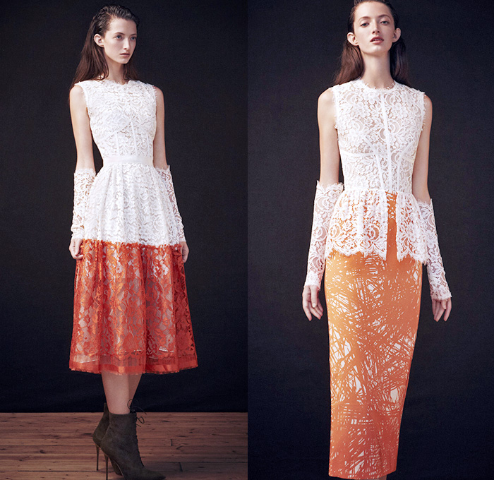 Sophia Kah 2015 Spring Summer Womens Lookbook Presentation - Designer Ana Teixeira de Sousa British London United Kingdom UK - Grass Foliage Leaves Print Lace Dress Silk Pleats Skirt Frock Sleeveless Gown 3D Embroidery Jacquard Embossed Engraved Crosshatch Sheer Chiffon Peek-A-Boo Arm Warmers