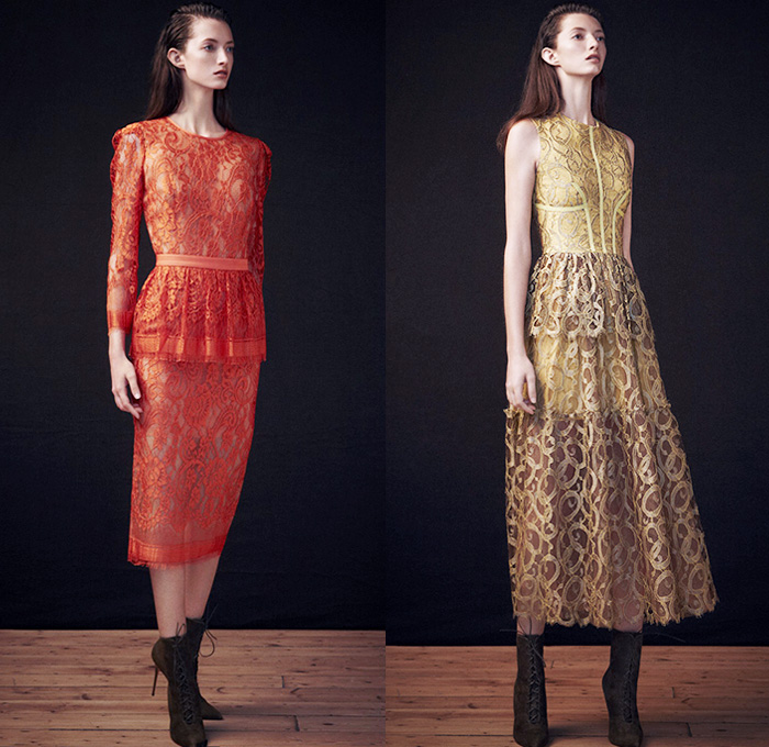 Sophia Kah 2015 Spring Summer Womens Lookbook Presentation - Designer Ana Teixeira de Sousa British London United Kingdom UK - Grass Foliage Leaves Print Lace Dress Silk Pleats Skirt Frock Sleeveless Gown 3D Embroidery Jacquard Embossed Engraved Crosshatch Sheer Chiffon Peek-A-Boo Arm Warmers