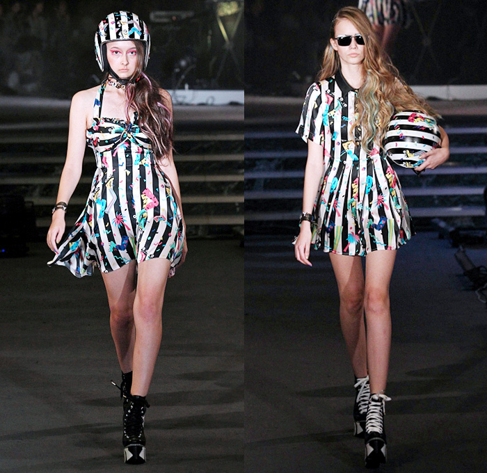 Sretsis Pim Sukhahuta Thailand 2015 Spring Summer Womens Runway Catwalk Looks - Mercedes-Benz Fashion Week Tokyo Japan - Printed Denim Jeans Motif Lightning Bolt Crop Top Midriff Knot Outerwear Jacket Shorts Pop Art Platforms Skirt Frock Biker Helmet Roller Girl Skates Brace Piano Keys 1980s Eighties Romper Overalls Dungarees Furry Silk Loungewear Mermaid Tropical Island Stripes Guitar Zebra Ruffles