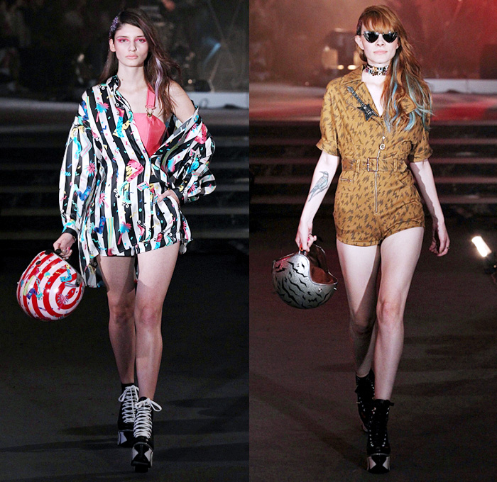 Sretsis Pim Sukhahuta Thailand 2015 Spring Summer Womens Runway Catwalk Looks - Mercedes-Benz Fashion Week Tokyo Japan - Printed Denim Jeans Motif Lightning Bolt Crop Top Midriff Knot Outerwear Jacket Shorts Pop Art Platforms Skirt Frock Biker Helmet Roller Girl Skates Brace Piano Keys 1980s Eighties Romper Overalls Dungarees Furry Silk Loungewear Mermaid Tropical Island Stripes Guitar Zebra Ruffles