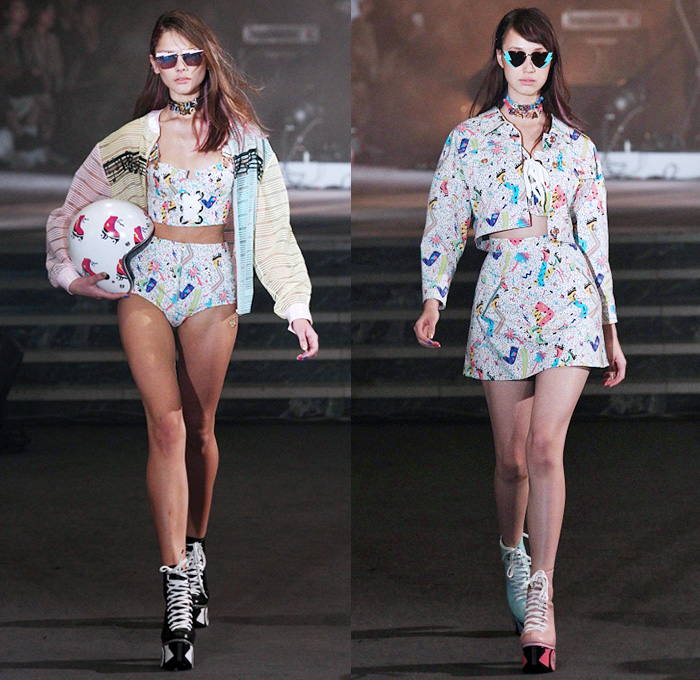 Sretsis Pim Sukhahuta Thailand 2015 Spring Summer Womens Runway Catwalk Looks - Mercedes-Benz Fashion Week Tokyo Japan - Printed Denim Jeans Motif Lightning Bolt Crop Top Midriff Knot Outerwear Jacket Shorts Pop Art Platforms Skirt Frock Biker Helmet Roller Girl Skates Brace Piano Keys 1980s Eighties Romper Overalls Dungarees Furry Silk Loungewear Mermaid Tropical Island Stripes Guitar Zebra Ruffles