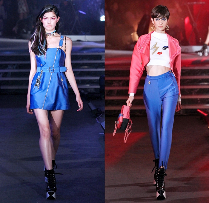 Sretsis Pim Sukhahuta Thailand 2015 Spring Summer Womens Runway Catwalk Looks - Mercedes-Benz Fashion Week Tokyo Japan - Printed Denim Jeans Motif Lightning Bolt Crop Top Midriff Knot Outerwear Jacket Shorts Pop Art Platforms Skirt Frock Biker Helmet Roller Girl Skates Brace Piano Keys 1980s Eighties Romper Overalls Dungarees Furry Silk Loungewear Mermaid Tropical Island Stripes Guitar Zebra Ruffles