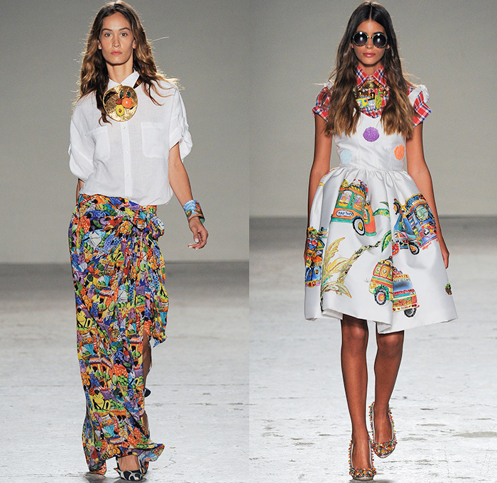 Stella Jean 2015 Spring Summer Womens Runway Looks - Milano Moda Donna Collezione Milan Fashion Week Italy - Haiti Prints Ethnic Folk Tribal Graphic Motif Culture Illustration People Burro Donkeys Fruits Shirtdress Maxi Dress Market Foliage Leaves Landscape Trees Watercolor Paintings Varsity Plaid Bus Poodle Skirt Bamboo Bananas Fruits Vegetables Houses Dots Townfolk Stripes Shorts Fish Coat Jacket Ribbon Bow Pencil Skirt