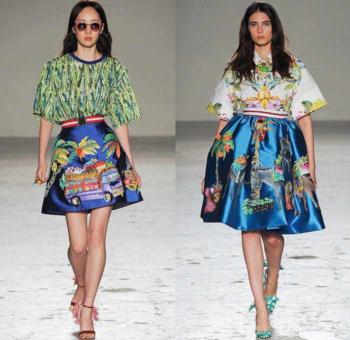 Stella Jean 2015 Spring Summer Womens Runway Looks - Milano Moda Donna Collezione Milan Fashion Week Italy - Haiti Prints Ethnic Folk Tribal Graphic Motif Culture Illustration People Burro Donkeys Fruits Shirtdress Maxi Dress Market Foliage Leaves Landscape Trees Watercolor Paintings Varsity Plaid Bus Poodle Skirt Bamboo Bananas Fruits Vegetables Houses Dots Townfolk Stripes Shorts Fish Coat Jacket Ribbon Bow Pencil Skirt