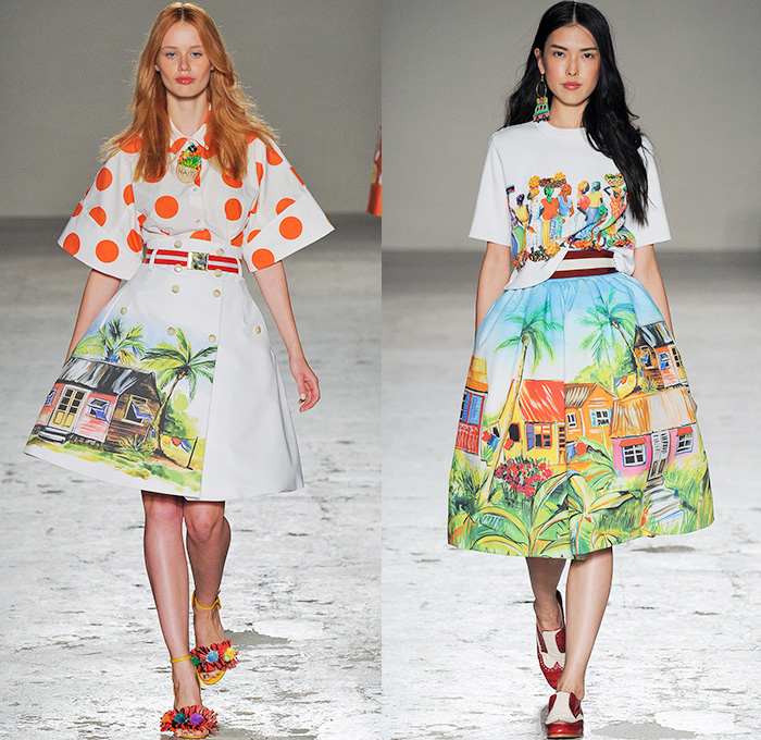 Stella Jean 2015 Spring Summer Womens Runway Looks - Milano Moda Donna Collezione Milan Fashion Week Italy - Haiti Prints Ethnic Folk Tribal Graphic Motif Culture Illustration People Burro Donkeys Fruits Shirtdress Maxi Dress Market Foliage Leaves Landscape Trees Watercolor Paintings Varsity Plaid Bus Poodle Skirt Bamboo Bananas Fruits Vegetables Houses Dots Townfolk Stripes Shorts Fish Coat Jacket Ribbon Bow Pencil Skirt