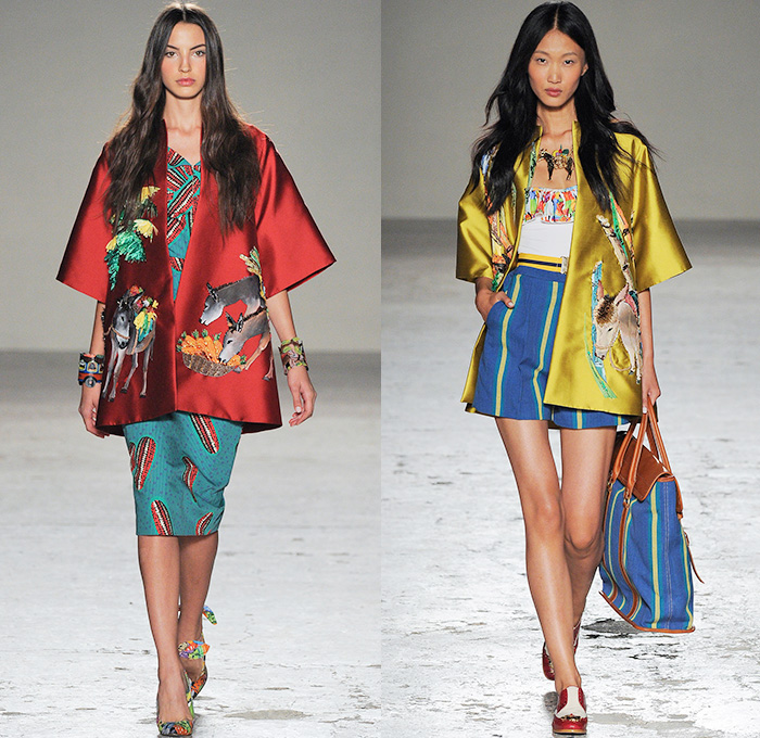 Stella Jean 2015 Spring Summer Womens Runway Looks - Milano Moda Donna Collezione Milan Fashion Week Italy - Haiti Prints Ethnic Folk Tribal Graphic Motif Culture Illustration People Burro Donkeys Fruits Shirtdress Maxi Dress Market Foliage Leaves Landscape Trees Watercolor Paintings Varsity Plaid Bus Poodle Skirt Bamboo Bananas Fruits Vegetables Houses Dots Townfolk Stripes Shorts Fish Coat Jacket Ribbon Bow Pencil Skirt