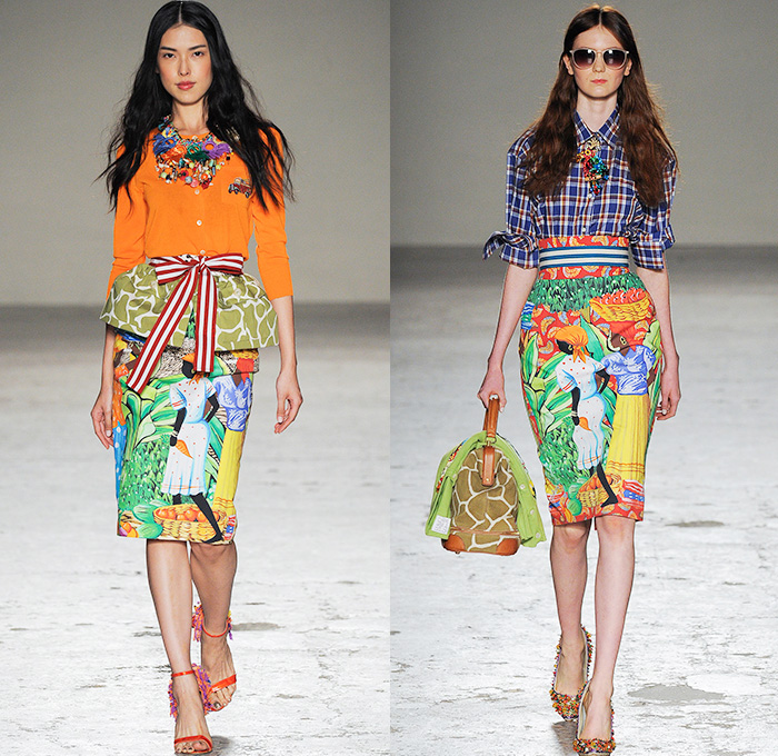 Stella Jean 2015 Spring Summer Womens Runway Looks - Milano Moda Donna Collezione Milan Fashion Week Italy - Haiti Prints Ethnic Folk Tribal Graphic Motif Culture Illustration People Burro Donkeys Fruits Shirtdress Maxi Dress Market Foliage Leaves Landscape Trees Watercolor Paintings Varsity Plaid Bus Poodle Skirt Bamboo Bananas Fruits Vegetables Houses Dots Townfolk Stripes Shorts Fish Coat Jacket Ribbon Bow Pencil Skirt