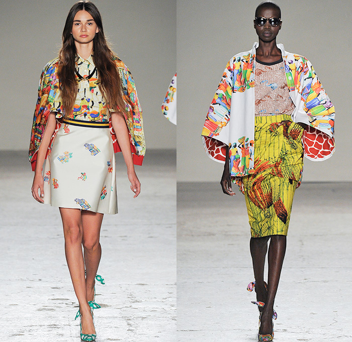 Stella Jean 2015 Spring Summer Womens Runway Looks - Milano Moda Donna Collezione Milan Fashion Week Italy - Haiti Prints Ethnic Folk Tribal Graphic Motif Culture Illustration People Burro Donkeys Fruits Shirtdress Maxi Dress Market Foliage Leaves Landscape Trees Watercolor Paintings Varsity Plaid Bus Poodle Skirt Bamboo Bananas Fruits Vegetables Houses Dots Townfolk Stripes Shorts Fish Coat Jacket Ribbon Bow Pencil Skirt